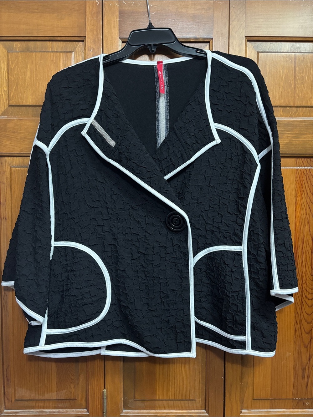 Black Boxy Blazer with White Piping - Women's Short Suit Jacket